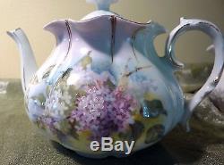 RS Prussia Tea Set OM 13 Teapot Pitcher Sugar Bowl 3 Pieces Lavender Lilacs Demi