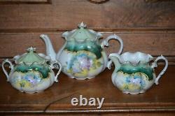 RS Prussia Teapot Set Creamer & Sugar Teal with HP Violets Unmarked