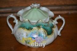 RS Prussia Teapot Set Creamer & Sugar Teal with HP Violets Unmarked