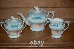 RS Prussia Teapot Set with Creamer & Sugar Teal with HP Pink & Yellow Roses