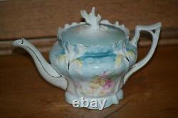 RS Prussia Teapot Set with Creamer & Sugar Teal with HP Pink & Yellow Roses