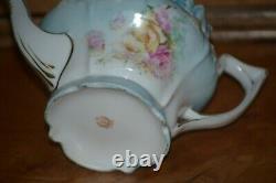 RS Prussia Teapot Set with Creamer & Sugar Teal with HP Pink & Yellow Roses