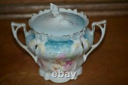 RS Prussia Teapot Set with Creamer & Sugar Teal with HP Pink & Yellow Roses