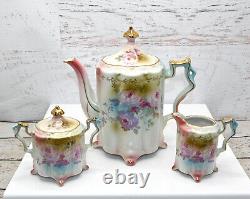 RS Suhl Prussian Footed Teapot Creamer, Sugar With Lid Roses Gilt Japan Repro