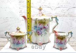 RS Suhl Prussian Footed Teapot Creamer, Sugar With Lid Roses Gilt Japan Repro