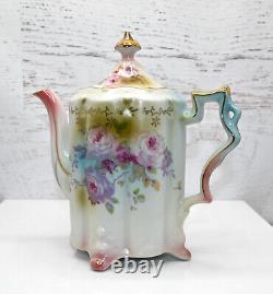 RS Suhl Prussian Footed Teapot Creamer, Sugar With Lid Roses Gilt Japan Repro
