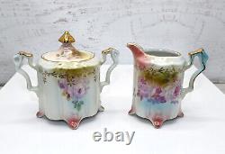 RS Suhl Prussian Footed Teapot Creamer, Sugar With Lid Roses Gilt Japan Repro