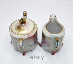 RS Suhl Prussian Footed Teapot Creamer, Sugar With Lid Roses Gilt Japan Repro