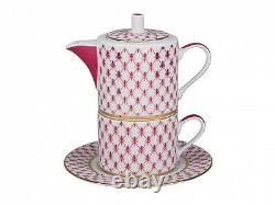 RUSSIAN Imperial Lomonosov Porcelain Set Tea Cup, Saucer, Teapot Net Blues Gold