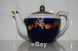 Russian Vintage Porcelain Tee Set For 6 Cobalt Blue Gold Flower Design