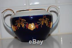 Russian Vintage Porcelain Tee Set For 6 Cobalt Blue Gold Flower Design