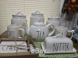 Rae Dunn TEA, COFFEE, SWEET (canisters), TEAPOT, CHEESE SET, BUTTER and 2 mugs