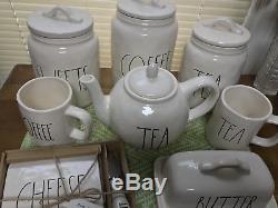 Rae Dunn TEA, COFFEE, SWEET (canisters), TEAPOT, CHEESE SET, BUTTER and 2 mugs