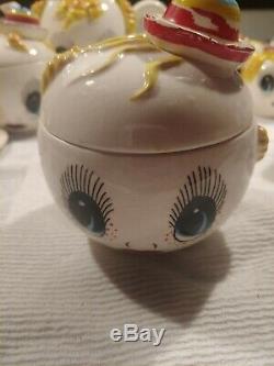 Rare 13 piece Set Royal Sealy Anthropomorphic Google Eye Teapot S&P Butter cream