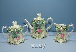 Rare Antique RS Prussia Mold 643 Pearlized Jewels Point & Clover 3pc Tea Set