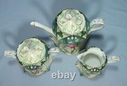 Rare Antique RS Prussia Mold 643 Pearlized Jewels Point & Clover 3pc Tea Set