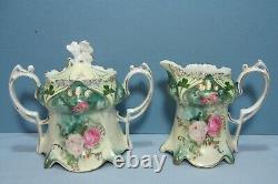 Rare Antique RS Prussia Mold 643 Pearlized Jewels Point & Clover 3pc Tea Set