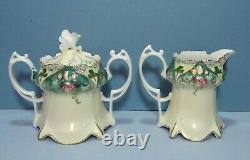 Rare Antique RS Prussia Mold 643 Pearlized Jewels Point & Clover 3pc Tea Set