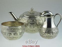 Rare Antique Solid Silver Zodiac Teapot Set Circa 1880