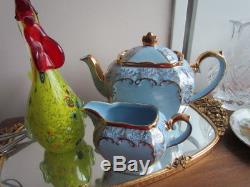 Rare Antique Vintage Sadler Blue Gold Tea pot Creamer Lot set Cube England