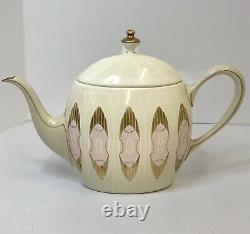 Rare Belleek Tea Set Pink & Gold Art Deco Panels Teapot, Creamer, Sugar