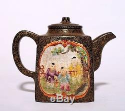 Rare Chinese Antique Hand Painting ZiSha Pottery Teapot Marked QianLong PT098