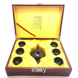 Rare Chinese Black Nephrite Jade Tea Set Teapot 6 Cups Includes Travel Case