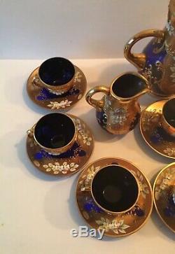 Rare Czech Bohemian Cobalt Blue Glass 21 Pc Teapot Set Heavy Gold Enamel Flowers