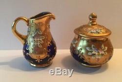 Rare Czech Bohemian Cobalt Blue Glass 21 Pc Teapot Set Heavy Gold Enamel Flowers