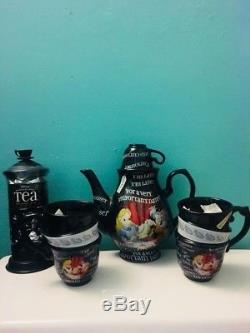 Rare Disney ALICE IN WONDERLAND Mad Hatter Coffee Tea Pot Set Mug Cups