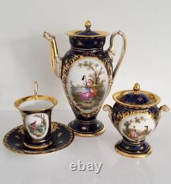 Rare Dresden Richard Klemm Teapot Cup Sugar Bowl Set Cobalt Gilt Dim with Lovers