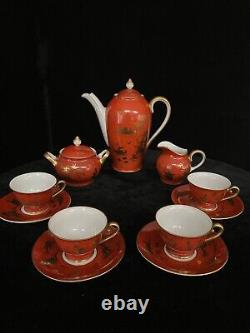 Rare Dresden Teapot Cup Sugar Bowl Set Red Gilt