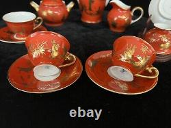 Rare Dresden Teapot Cup Sugar Bowl Set Red Gilt