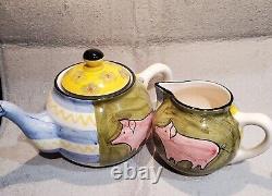 Rare Favanol Tea coffee pot & creamer set Handpainted In Portugal. Pink Yellow