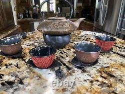 Rare Find! Teavana Cast Iron Wild Horses Teapot Set 4 Cups/4 Leaf Saucers