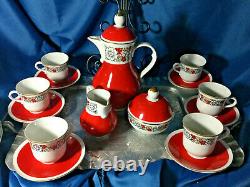 Rare Freiberger Porzellan China GDR red Gold trim demitasse Coffee tea Set