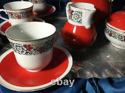 Rare Freiberger Porzellan China GDR red Gold trim demitasse Coffee tea Set