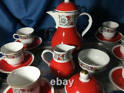 Rare Freiberger Porzellan China GDR red Gold trim demitasse Coffee tea Set