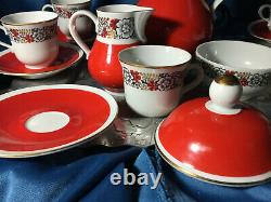 Rare Freiberger Porzellan China GDR red Gold trim demitasse Coffee tea Set