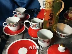 Rare Freiberger Porzellan China GDR red Gold trim demitasse Coffee tea Set