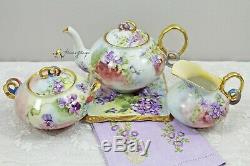 Rare GDA France Limoges Hand Painted Violets 16 Piece Tea Set Teapot Teacups