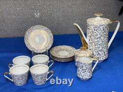 Rare Italian Demitasse Gold Floral Tea Set w Teapot, Creamer, 4 Cups & Saucers