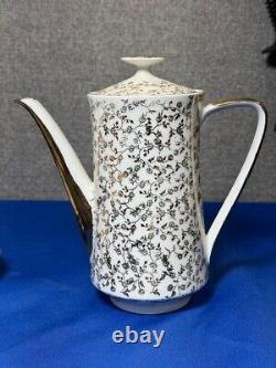 Rare Italian Demitasse Gold Floral Tea Set w Teapot, Creamer, 4 Cups & Saucers