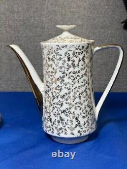 Rare Italian Demitasse Gold Floral Tea Set w Teapot, Creamer, 4 Cups & Saucers