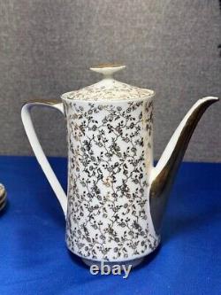 Rare Italian Demitasse Gold Floral Tea Set w Teapot, Creamer, 4 Cups & Saucers