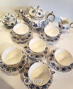 Rare Limoges Porcelain Tea for 6 Teapot & Lid, Creamer, Sugar Cup Flow Blue Gold