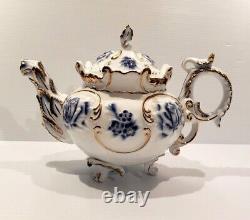 Rare Limoges Porcelain Tea for 6 Teapot & Lid, Creamer, Sugar Cup Flow Blue Gold