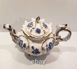 Rare Limoges Porcelain Tea for 6 Teapot & Lid, Creamer, Sugar Cup Flow Blue Gold