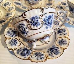 Rare Limoges Porcelain Tea for 6 Teapot & Lid, Creamer, Sugar Cup Flow Blue Gold