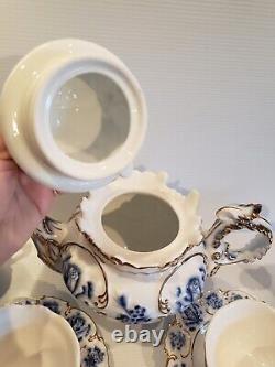 Rare Limoges Porcelain Tea for 6 Teapot & Lid, Creamer, Sugar Cup Flow Blue Gold